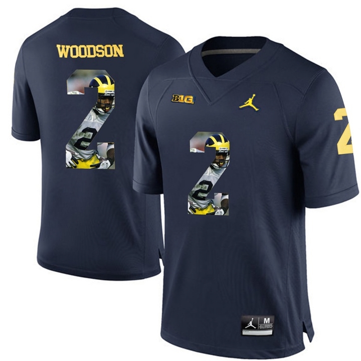 Michigan Wolverines Men's NCAA Charles Woodson #2 Navy Blue Printing Player Portrait Premier College Football Jersey QEI4349AK